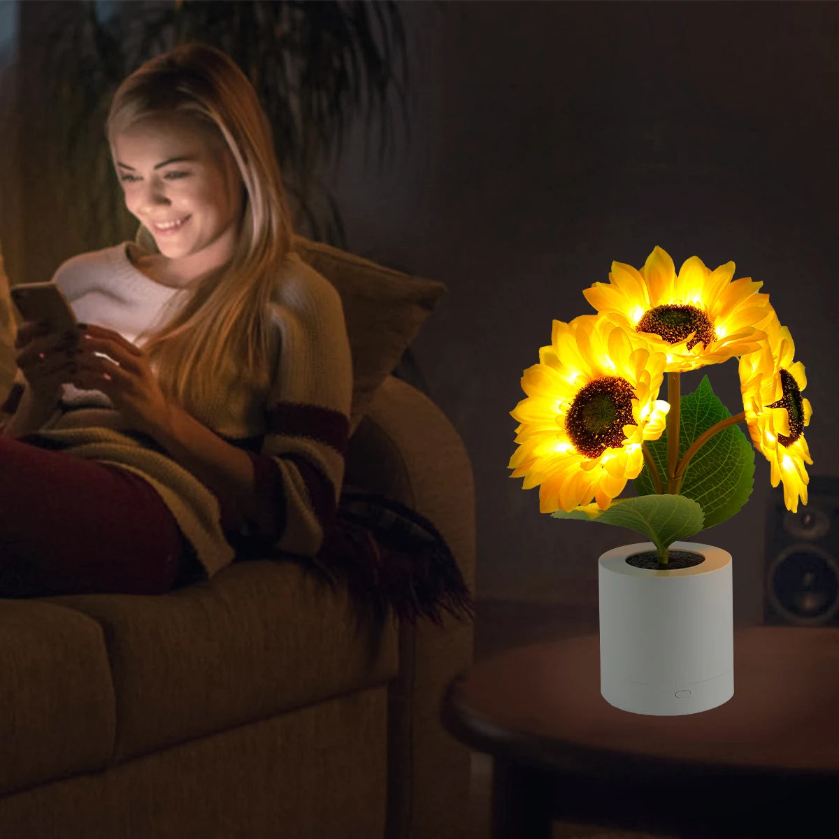 LED Sunflower Night Light Dimmable Simulation Sunflower Table Lamp USB Creative Desktop Decorative Light Bedroom Bedside Light
