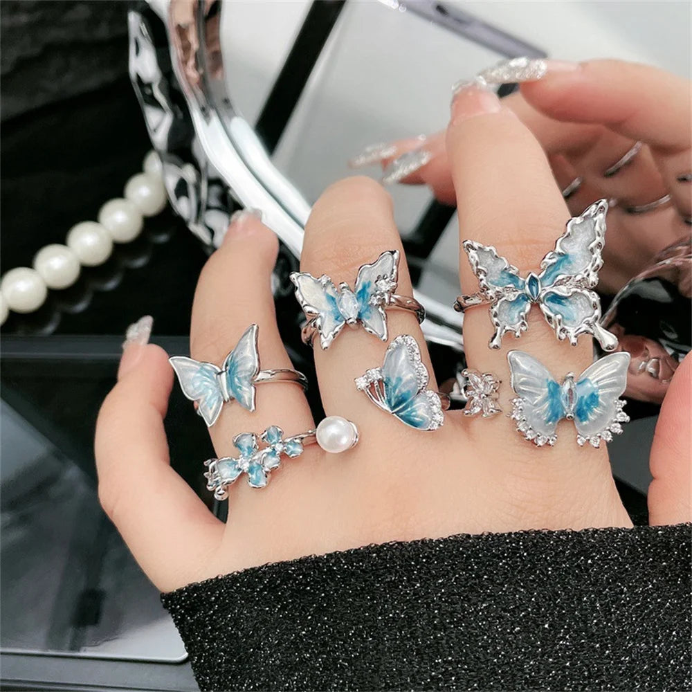 Exquisite Ice Blue Butterfly Open Ring, Fashionable Women's Simple Style Jewelry