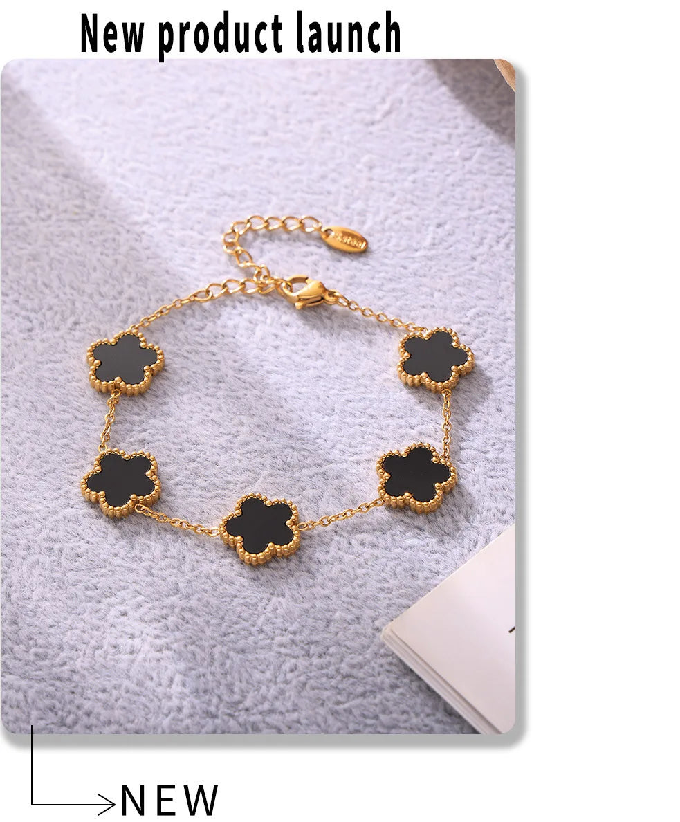 Fashion Five Petals Beautiful Bracelet for Women No Rusted Gold Plated Stainless Steel Agate Bangle Charm Luxury Jewelry Gift