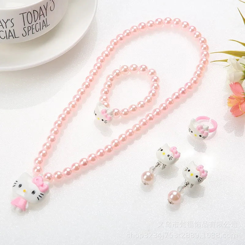 4pcs/set Cartoon Kawaii Hello Kitty Necklace and Hairclips.