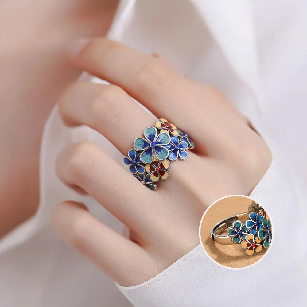 New Cloisonné Enamel Flowery Ring for Women with Atmospheric Retro Ethnic Style Opening Adjustable Creative Index Finger