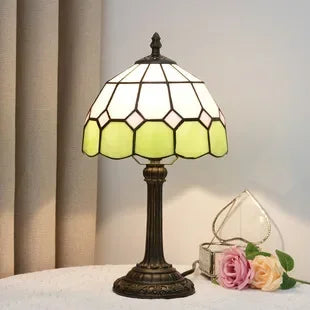 Stained Glass Table Lamp, Antique Green Tiffany Style Reading Light for Bedroom, Living Room and Office Decor Lampara Salon