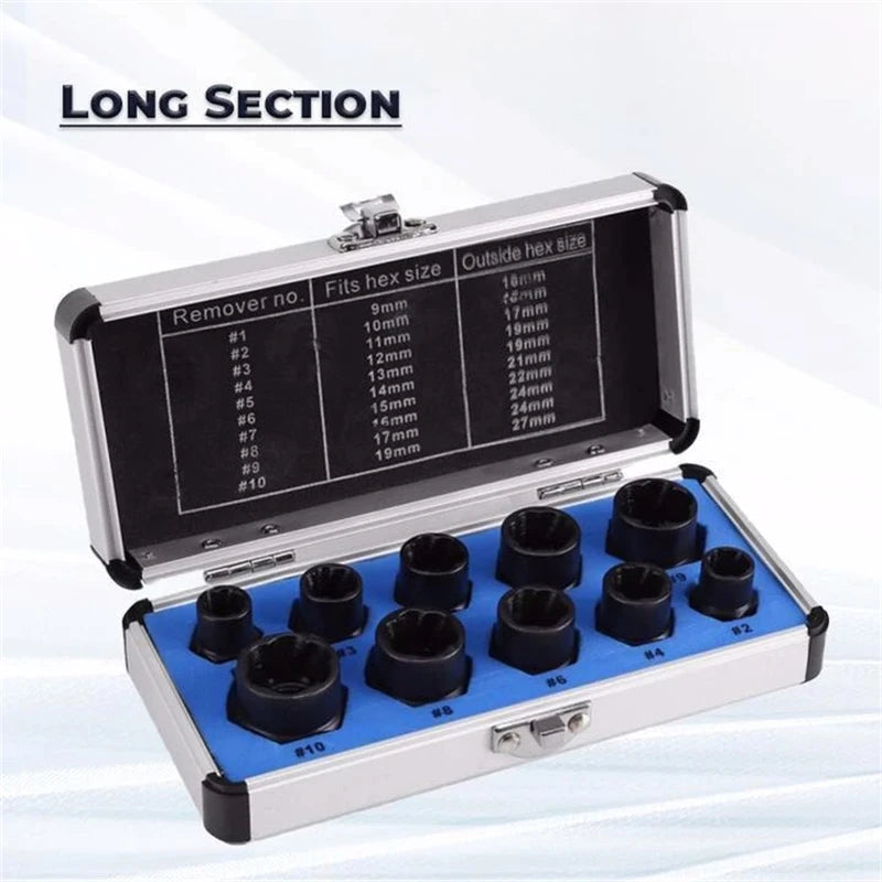 10pcs/lot Hex Socket Set Damaged Bolt Nut Screw Remover Garage 9-19 Mm Sockets Car Repair Hand Tool Electric Drill Accessories