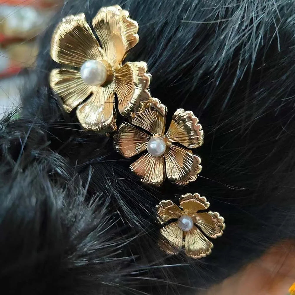 5pcs Elegant Golden Flower Hair Forks Hairstyle Tools French Style Pearl Side Clips Hair Accessories Retro Wave Alloy Barrettes