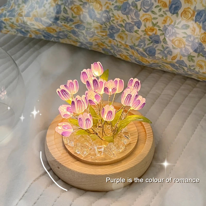 Artificial Tulip Flower Night Light Ornaments Handmade DIY Bedsides LED Night Lamp Bedroom Desk Decor Birthday Gifts Table Lamp