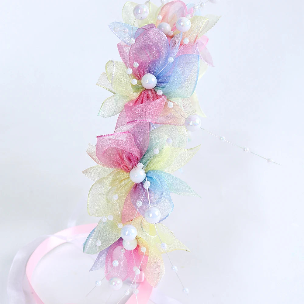Fairy Flower Headband Sweet Lovely Girl Lace Floral Pearls Hair Hoop For Princess Wedding Birthday Headwear Accessories Gifts