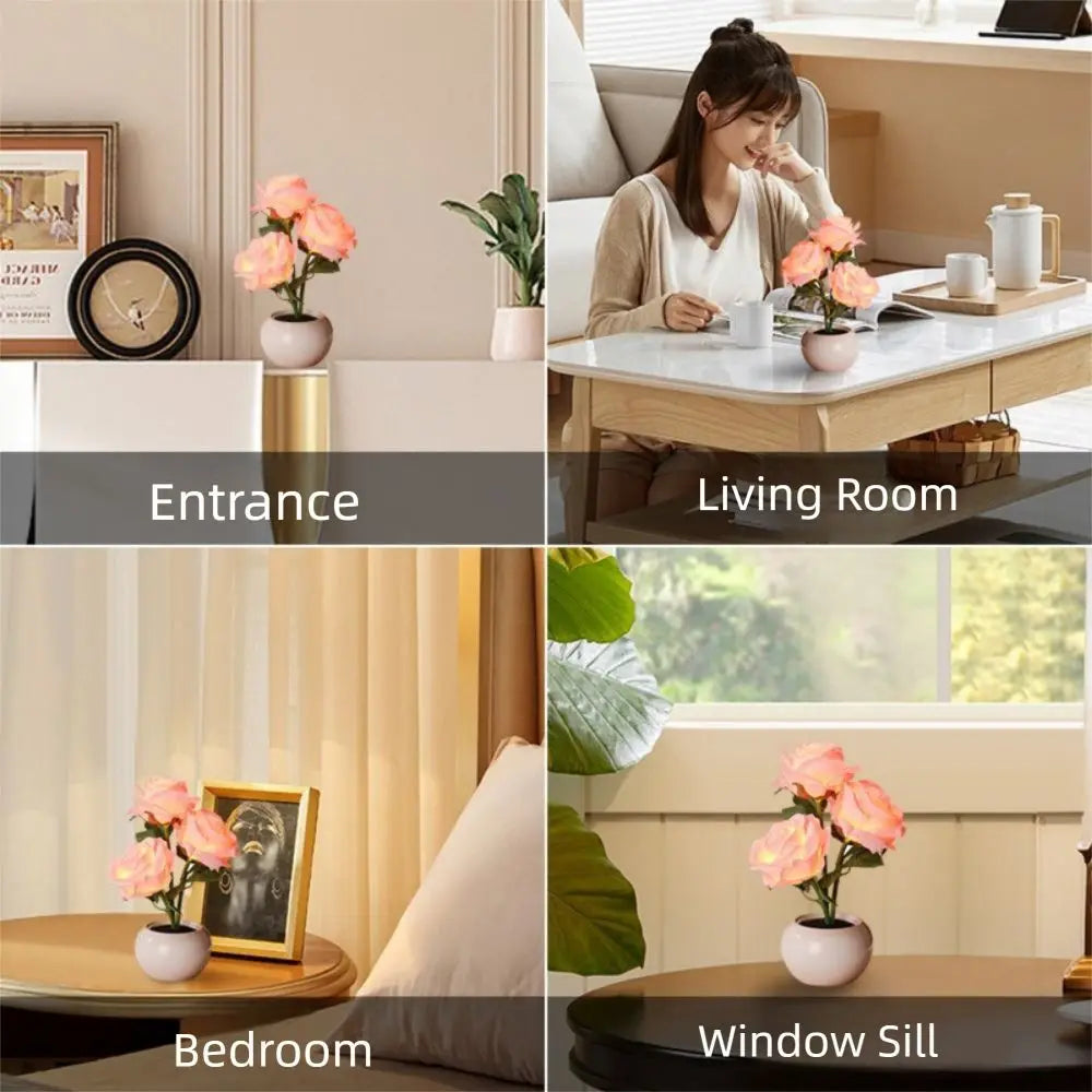Ceramic Base LED Rose Table Lamp 2/3 Flowers Decorative Flower Bonsai Night Light Soft Light Exquisite Romantic Atmosphere Lamp