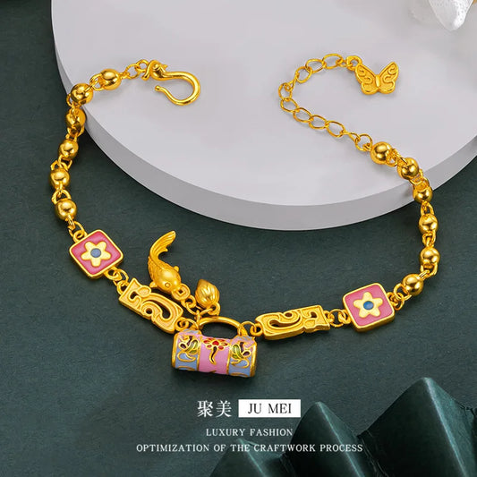 24K AU999 Gold 'Blossom Lock & Koi' Bracelet for Women - Floral Lock with Leaping Koi, High-Purity Gold, Lucky & Elegant