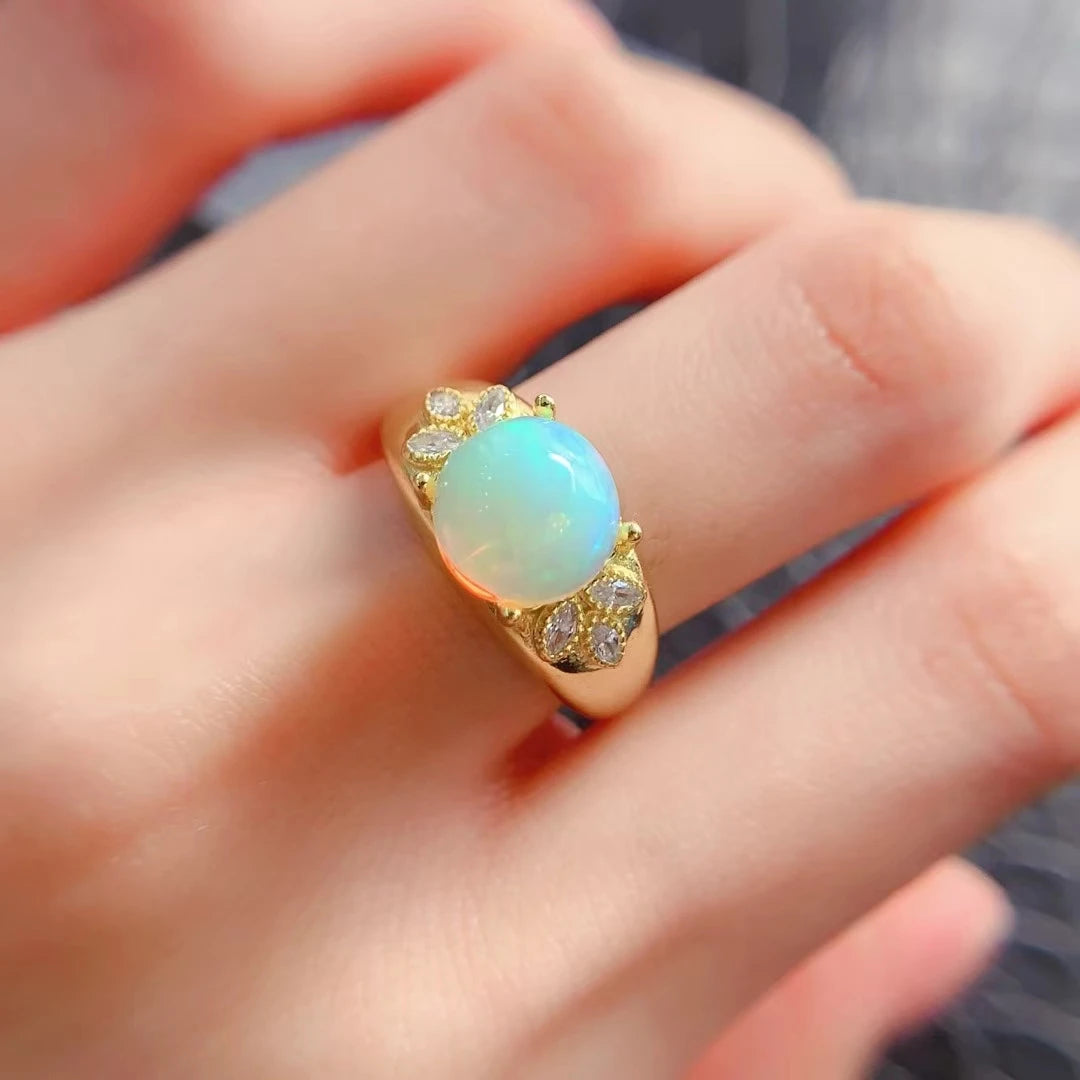 Luxury Australian Opal Ring 9mm 2ct Natural Opal 925 Silver Ring with 18K Gold Filled