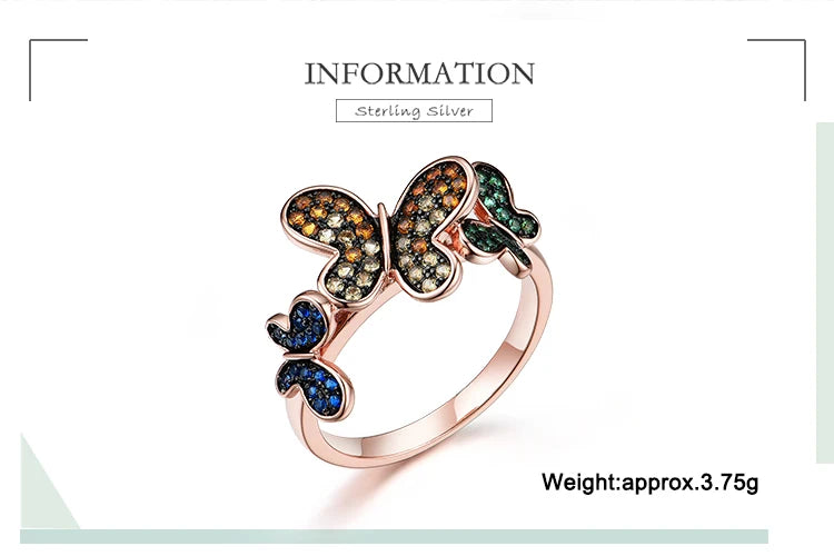 Butterfly Ring Plated Rose Gold 925 Sterling Silver Rings for Women Party Birthday Gift