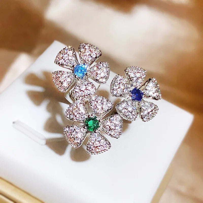 Super Fairy Creative Flower Design Open Ring Luxury Full of Diamond 925 Silver Cocktail Party Ladies Premium Color-proof Jewelry