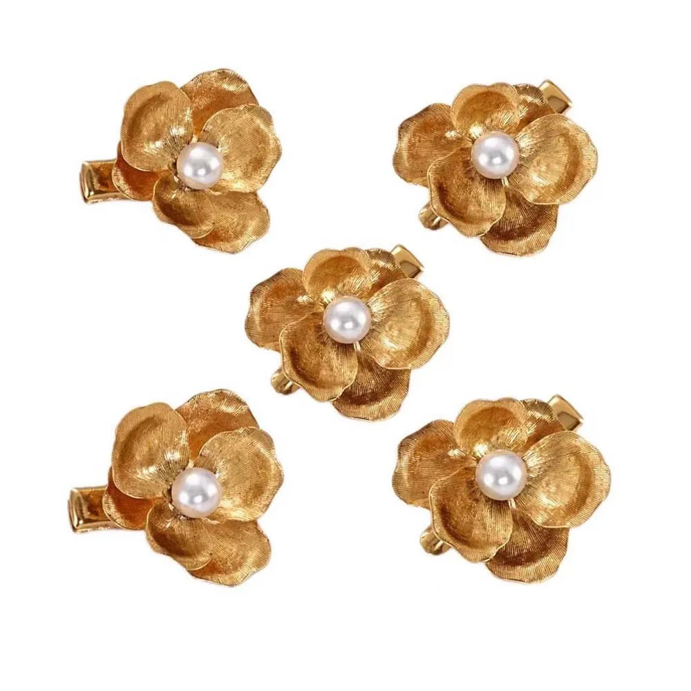 5pcs Elegant Golden Flower Hair Forks Hairstyle Tools French Style Pearl Side Clips Hair Accessories Retro Wave Alloy Barrettes