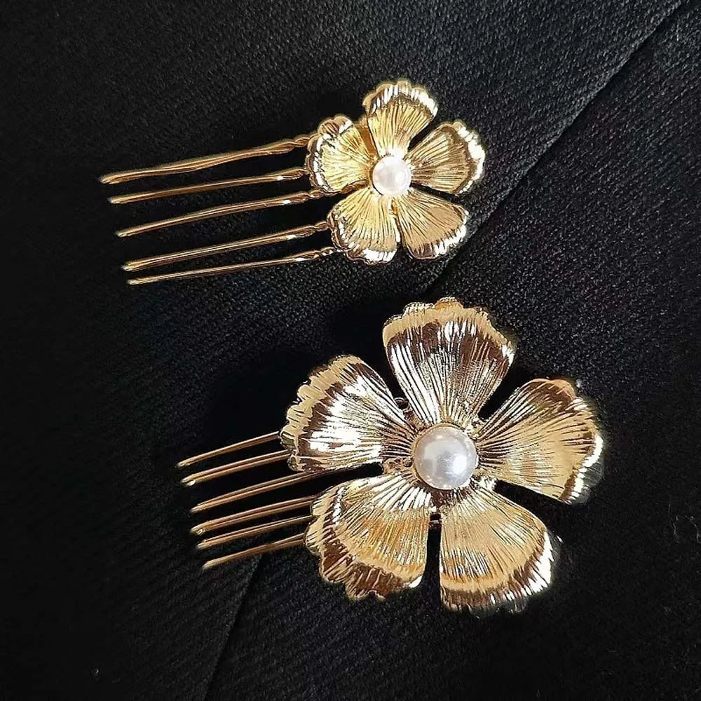 5pcs Elegant Golden Flower Hair Forks Hairstyle Tools French Style Pearl Side Clips Hair Accessories Retro Wave Alloy Barrettes