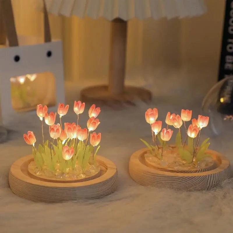 Artificial Tulip Flower Night Light Ornaments Handmade DIY Bedsides LED Night Lamp Bedroom Desk Decor Birthday Gifts Table Lamp