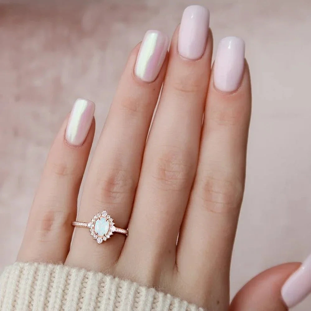 Trumium 3Pcs Rose Gold Color Stackable Rings 1.5CT Oval Bridal Ring Sets Opal Knuckle Ring Engagement CZ Wedding Band for Women