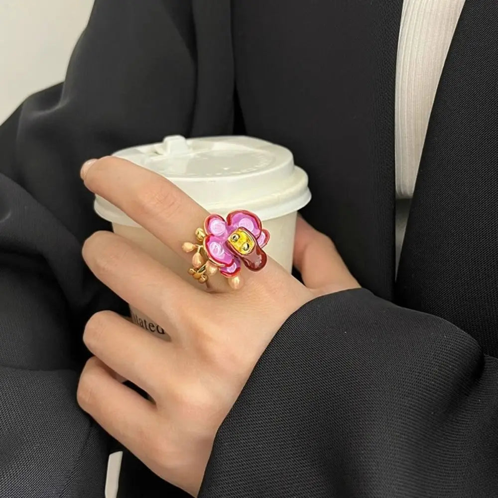 Sweet Drip Oil Flower Ring Butterfly Orchid Ins Style Enamel Finger Ring Trendy White Iris Flower French Irregular Ring Girls