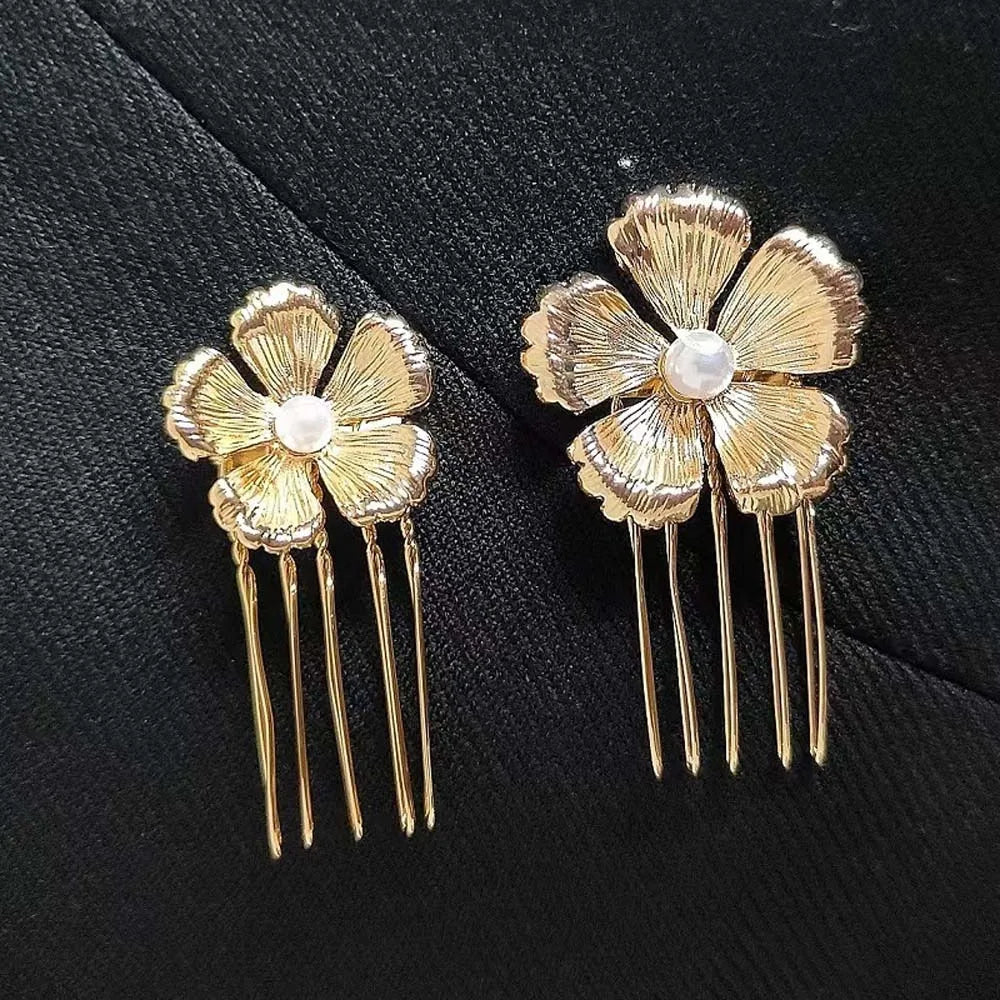 5pcs Elegant Golden Flower Hair Forks Hairstyle Tools French Style Pearl Side Clips Hair Accessories Retro Wave Alloy Barrettes