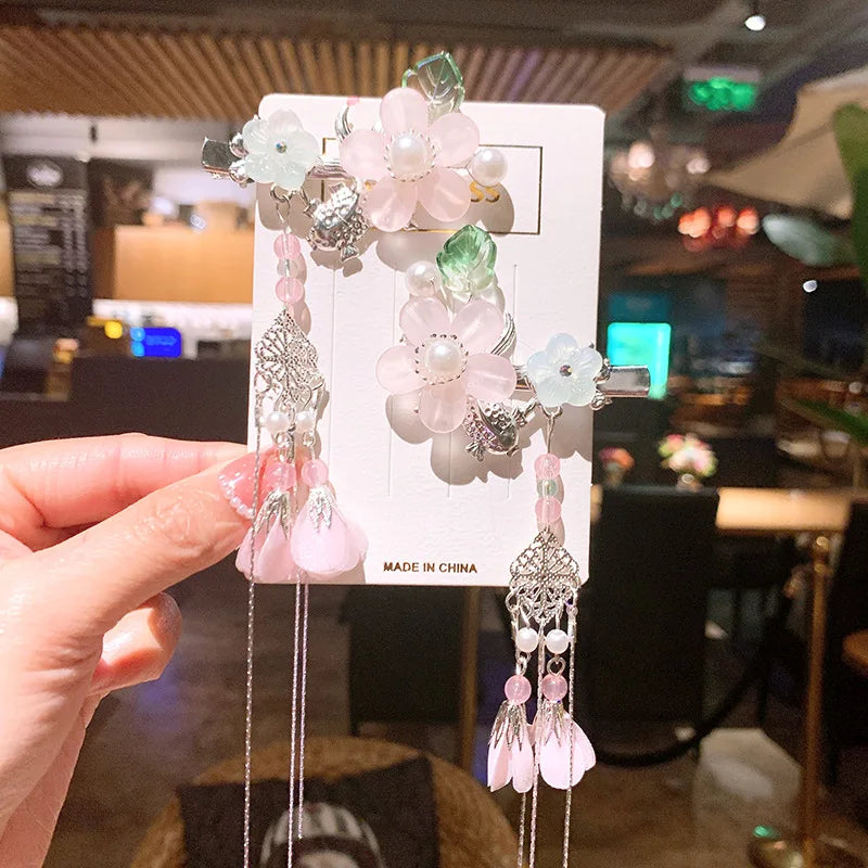 1pair Chinese Style flower Hairpin Cute Girl Candy Color Tassel Butterfly Hair Clip Retro Hanfu Barrettes Women's Hair Accessori