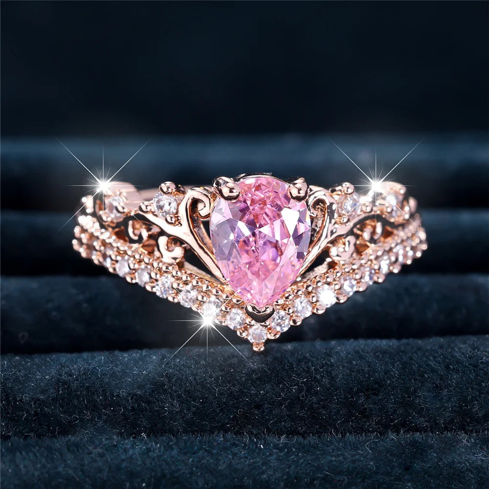Luxury Female Pink Water Drop GemStone Ring Dainty