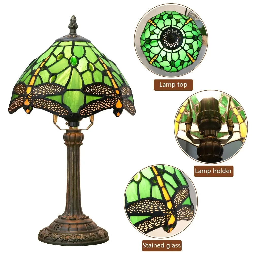 Stained Glass Table Lamp, Antique Green Tiffany Style Reading Light for Bedroom, Living Room and Office Decor Lampara Salon