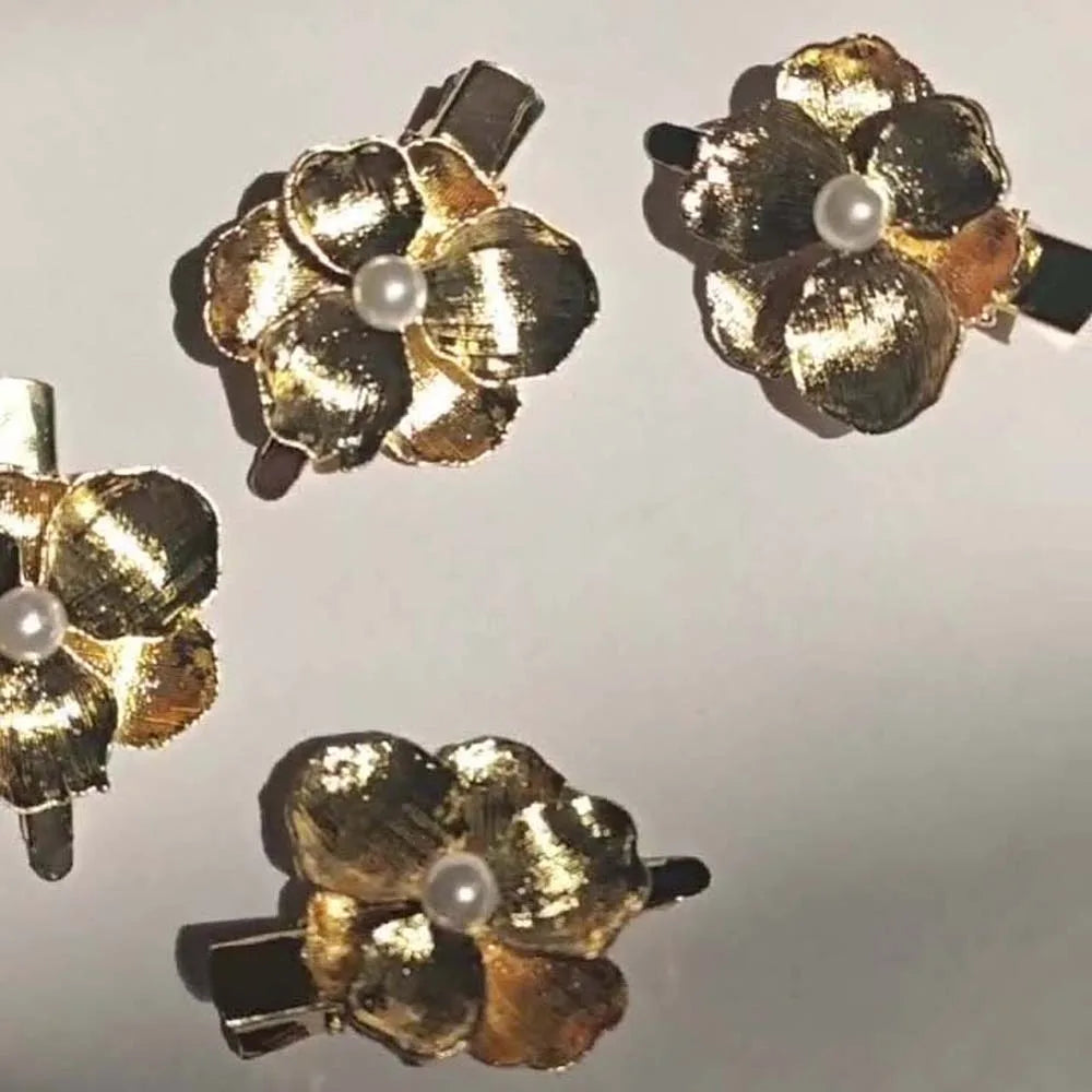 5pcs Elegant Golden Flower Hair Forks Hairstyle Tools French Style Pearl Side Clips Hair Accessories Retro Wave Alloy Barrettes