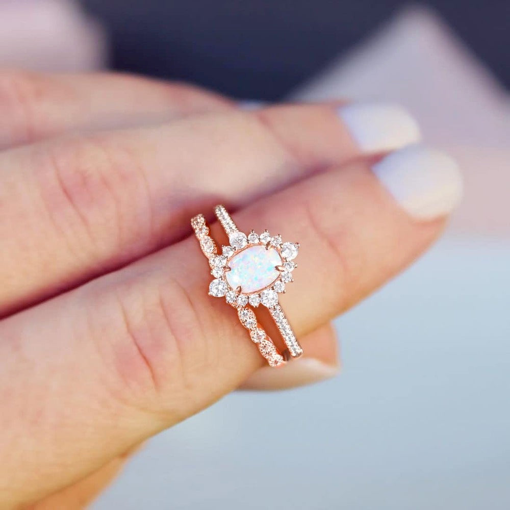 Trumium 3Pcs Rose Gold Color Stackable Rings 1.5CT Oval Bridal Ring Sets Opal Knuckle Ring Engagement CZ Wedding Band for Women