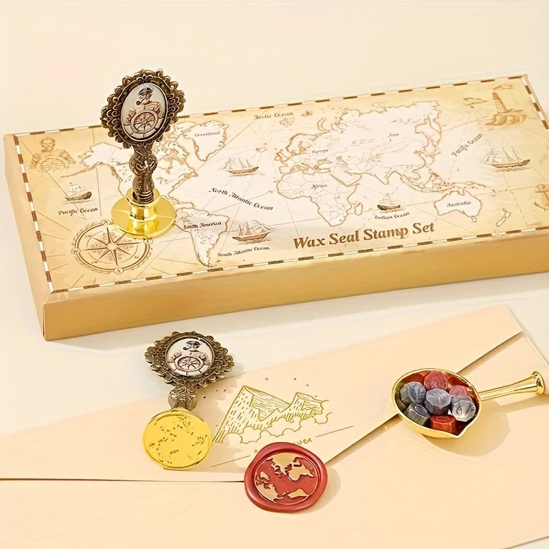 1 Set of Sealing Wax Stamp Kit, Includes Stamp Handle, Sealing Wax Beads, Wooden Handle Sealing Wax Spoon, Small Round Wax, Stamp Head, Suitable for Wedding Invitations, Envelopes, Birthday Gift Cards, Scrapbooks, Great Gift