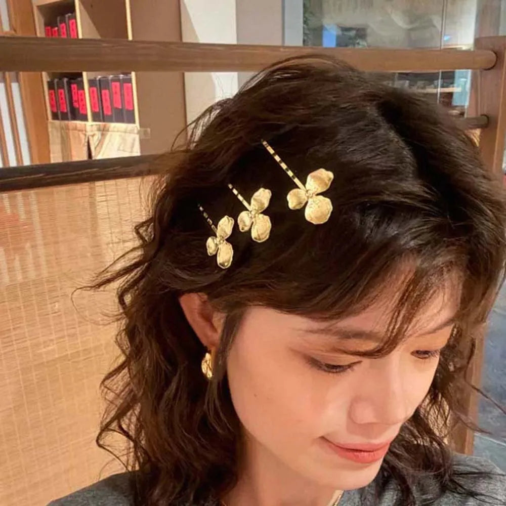 5pcs Elegant Golden Flower Hair Forks Hairstyle Tools French Style Pearl Side Clips Hair Accessories Retro Wave Alloy Barrettes