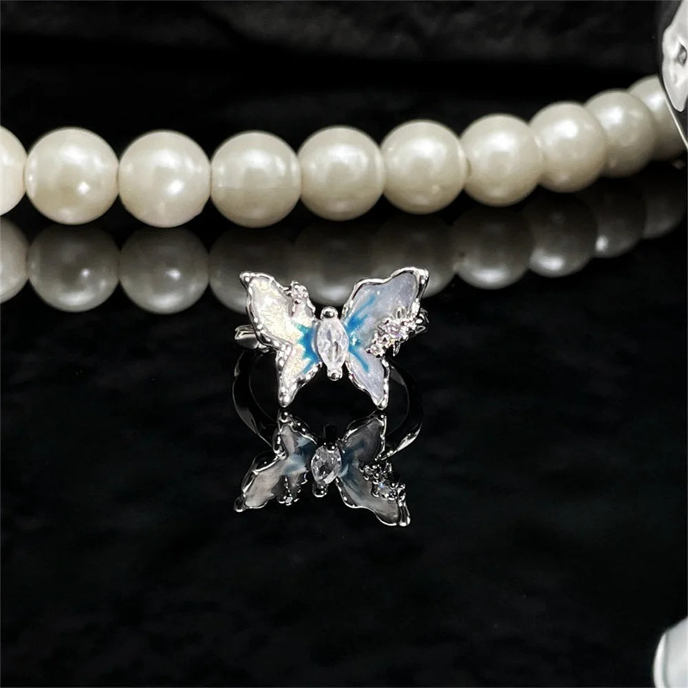 Exquisite Ice Blue Butterfly Open Ring, Fashionable Women's Simple Style Jewelry