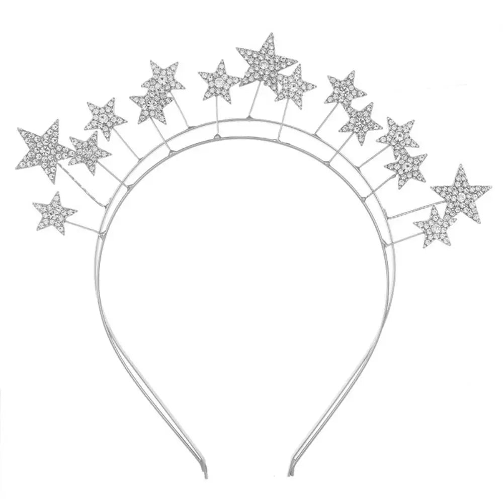 Fairy Metal Star Hair Hoop Princess Silver Halo Crown Rhinestone bilayer Baroque Hairbands Head Jewelry