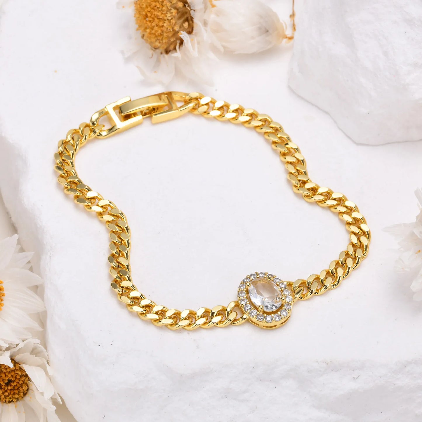 Bracelet for Women Gold Plated, Cuban Chain with Blue Cubic Zirconia Charms Wrist Jewelry for Her Gift