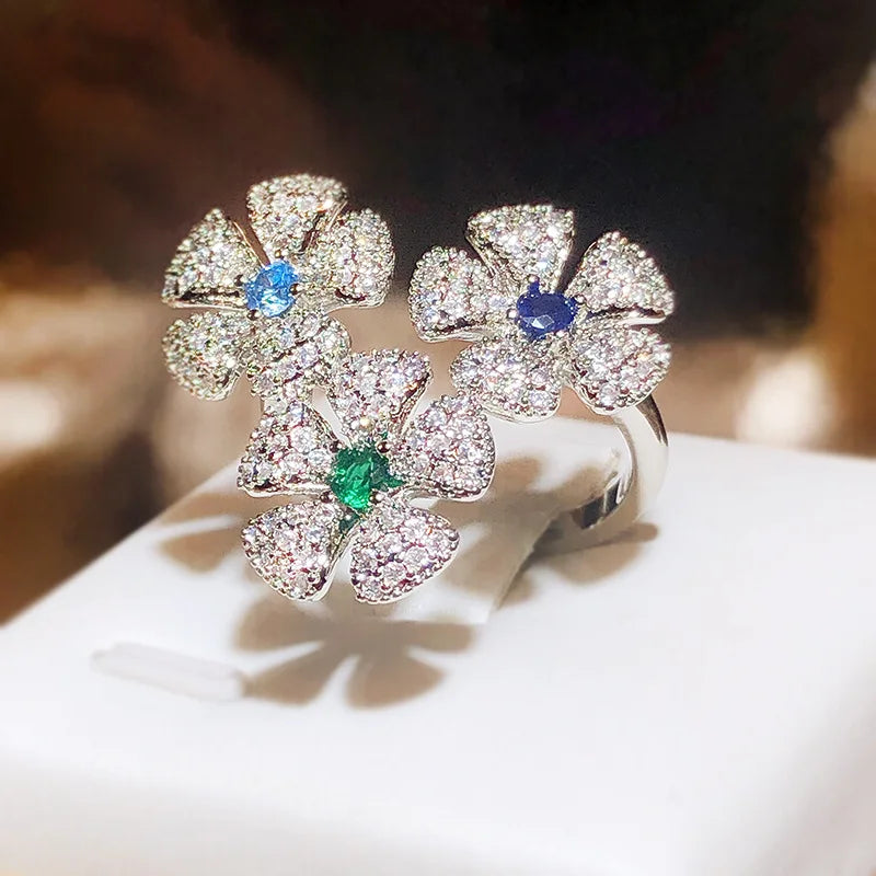 Super Fairy Creative Flower Design Open Ring Luxury Full of Diamond 925 Silver Cocktail Party Ladies Premium Color-proof Jewelry