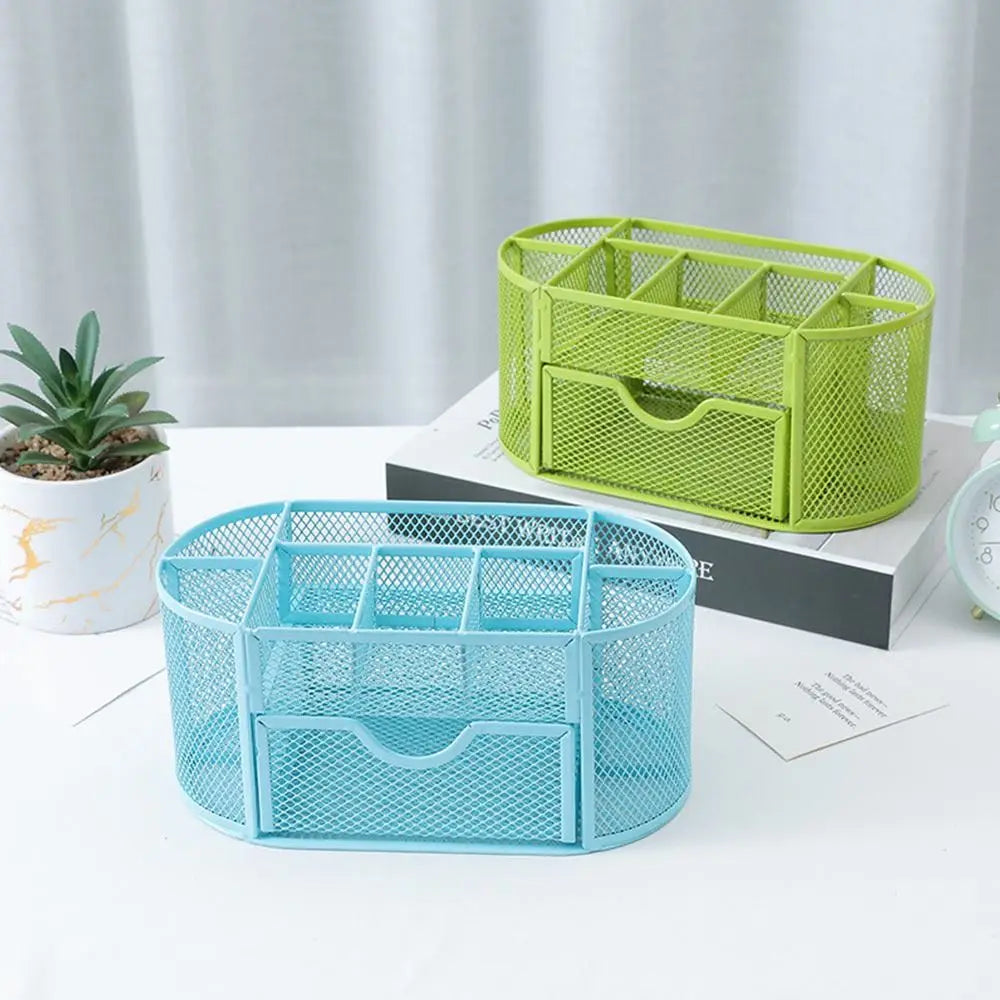 Office School Supplies With Drawer 9-Grid Storage Desk Organizer Stationery Container Metal Mesh Pen Holder