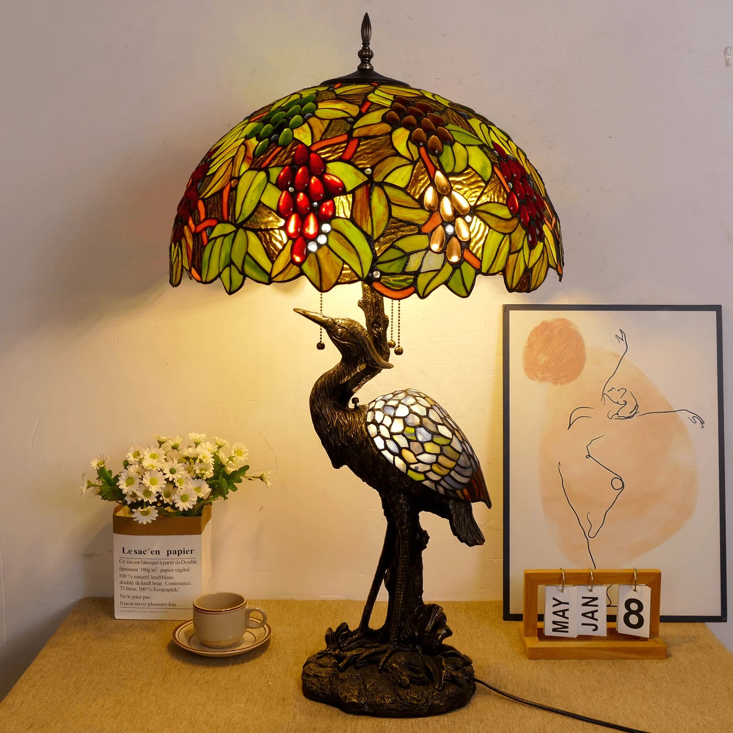 30-Inch  Table Lamp Traditional American Style Living Room Bedroom Study Lamp Luxurious Villa Hotel Stained Glass Lamp