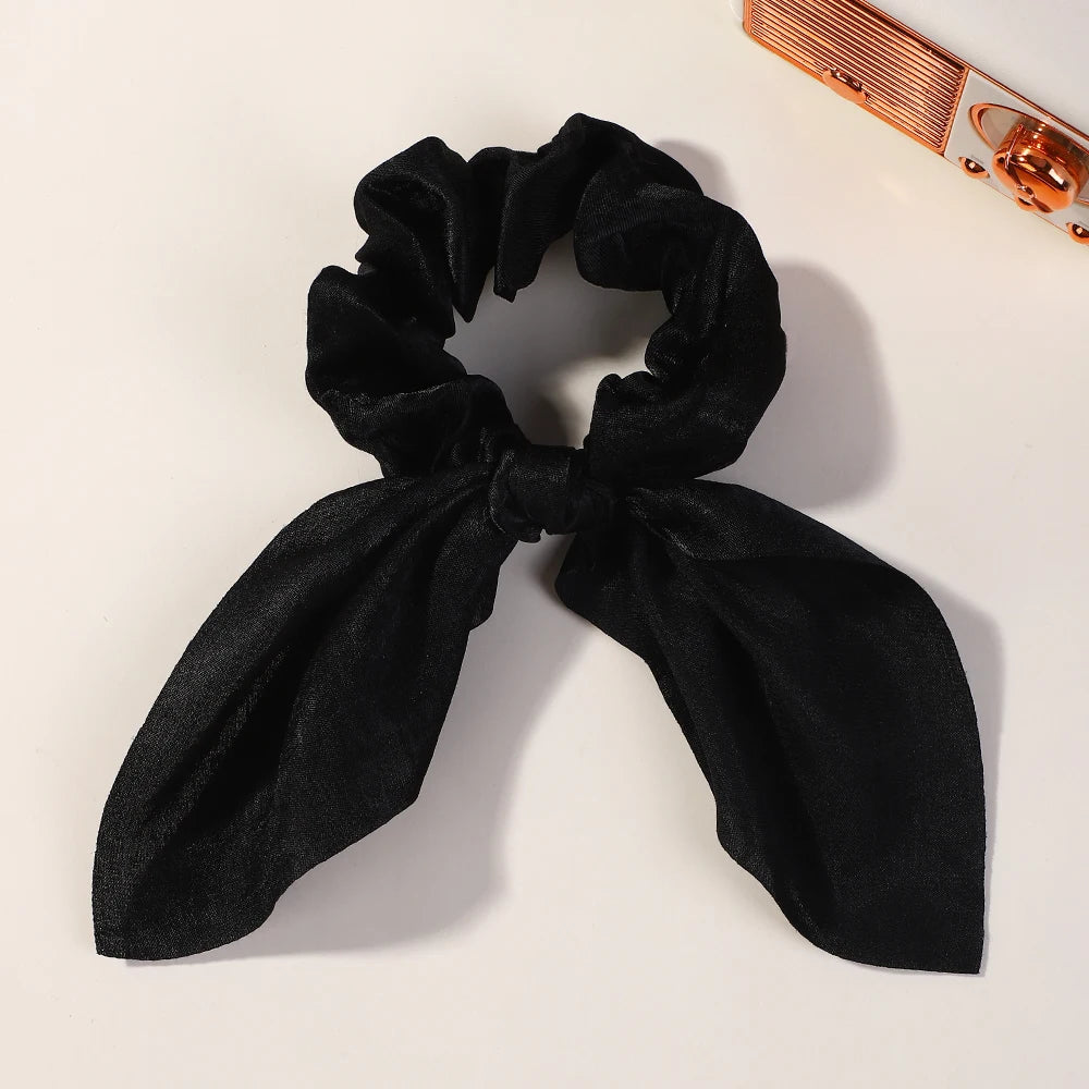 Fashion Vintage Solid Chiffon Velvet Bow Hair Ribbon Scrunchie for Women Girls Long Elastic Hair Tie Headwear Hair Accessories