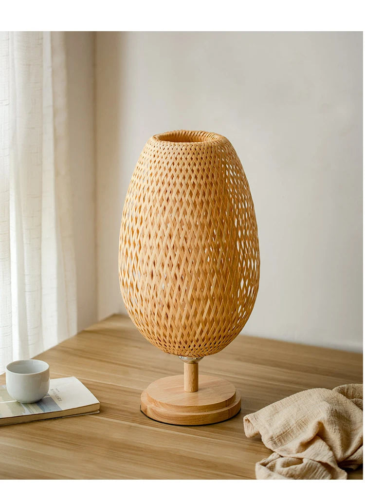 Dimmable Table Lamp, Rattan Bedside Lamp with Small Vintage Nightstand Light for Bedroom Living Room Desk Wooden Wicker Shade