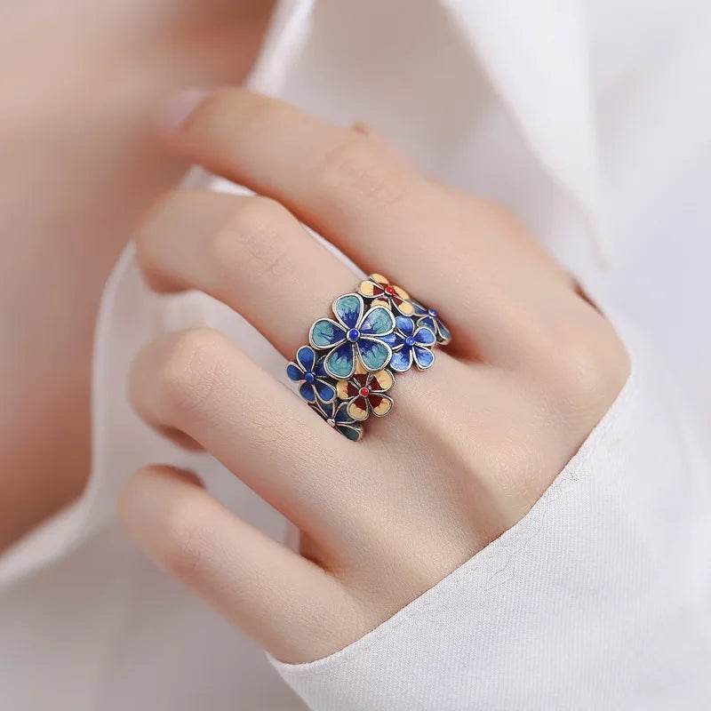 New Cloisonné Enamel Flowery Ring for Women with Atmospheric Retro Ethnic Style Opening Adjustable Creative Index Finger