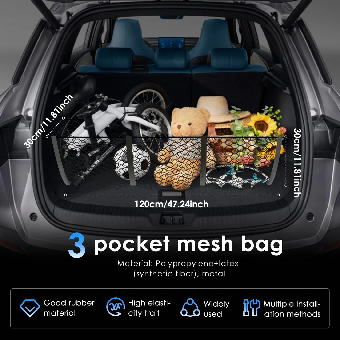 3 Pockets Cargo Net for Truck Bed Trunk Storage Elastic Heavy-Duty Luggage Holder Car Rear Cargo SUV Pickup Netting Organizer