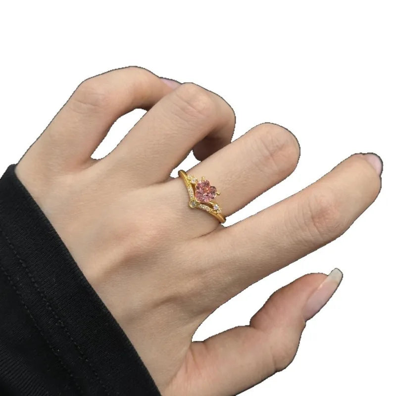 Fairy Wind Powder Love Crown Ring Exquisite Zircon Jewelry Versatile Light Luxury High-end Jewelry Temperament Commute