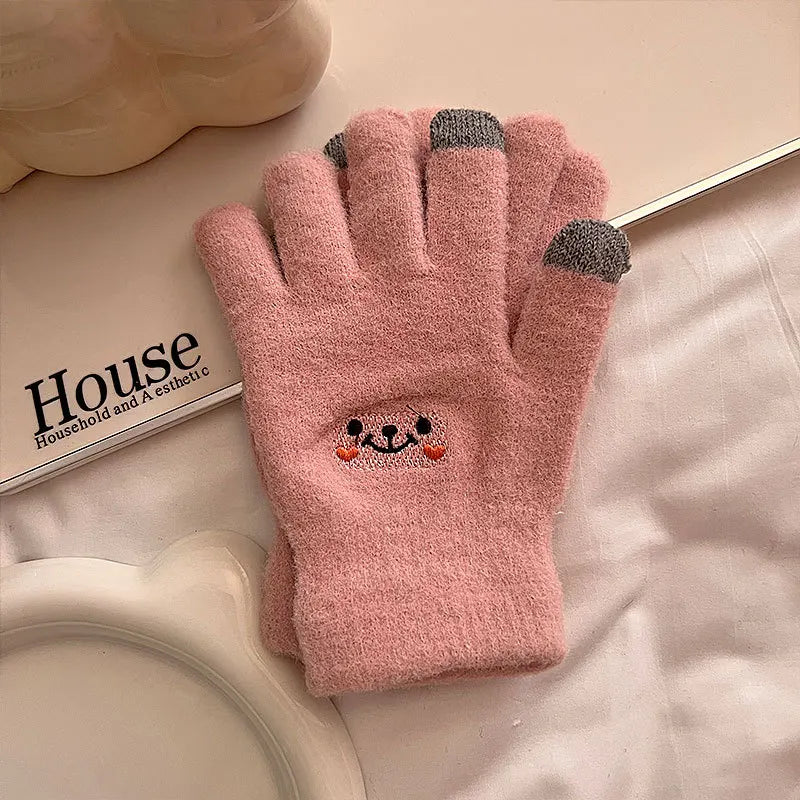 Women's Gloves Autumn Winter Cute Smile Gloves Five Fingers Solid Color Resistant Touch Screen Cotton Gloves Fashion Comfortable