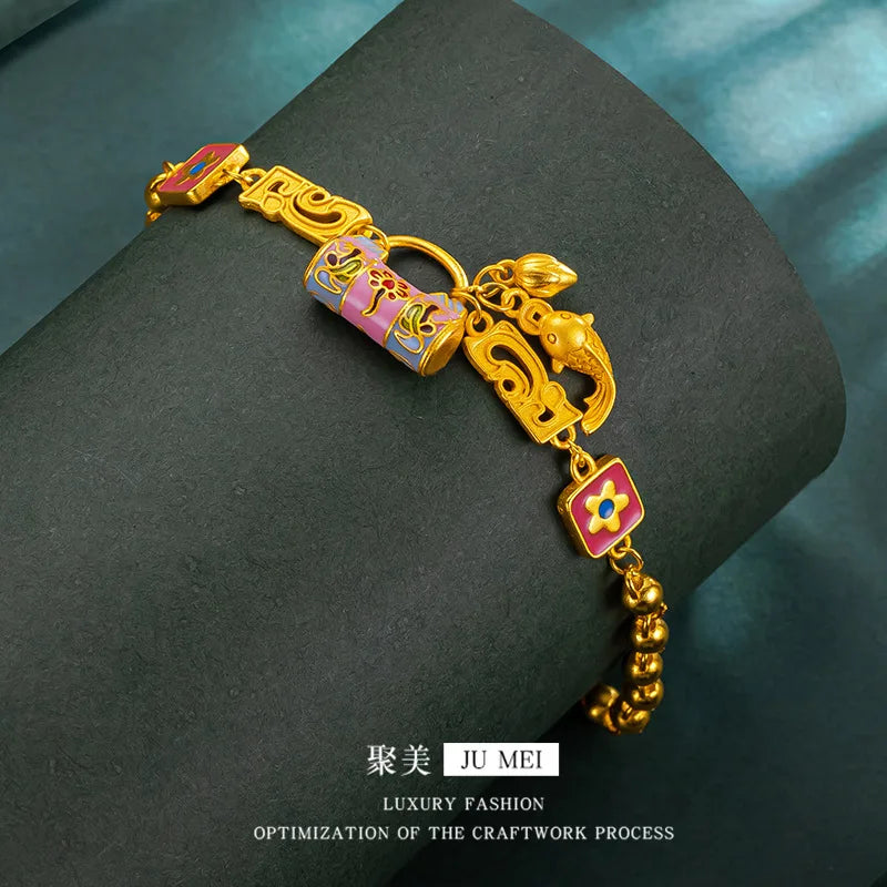 24K AU999 Gold 'Blossom Lock & Koi' Bracelet for Women - Floral Lock with Leaping Koi, High-Purity Gold, Lucky & Elegant