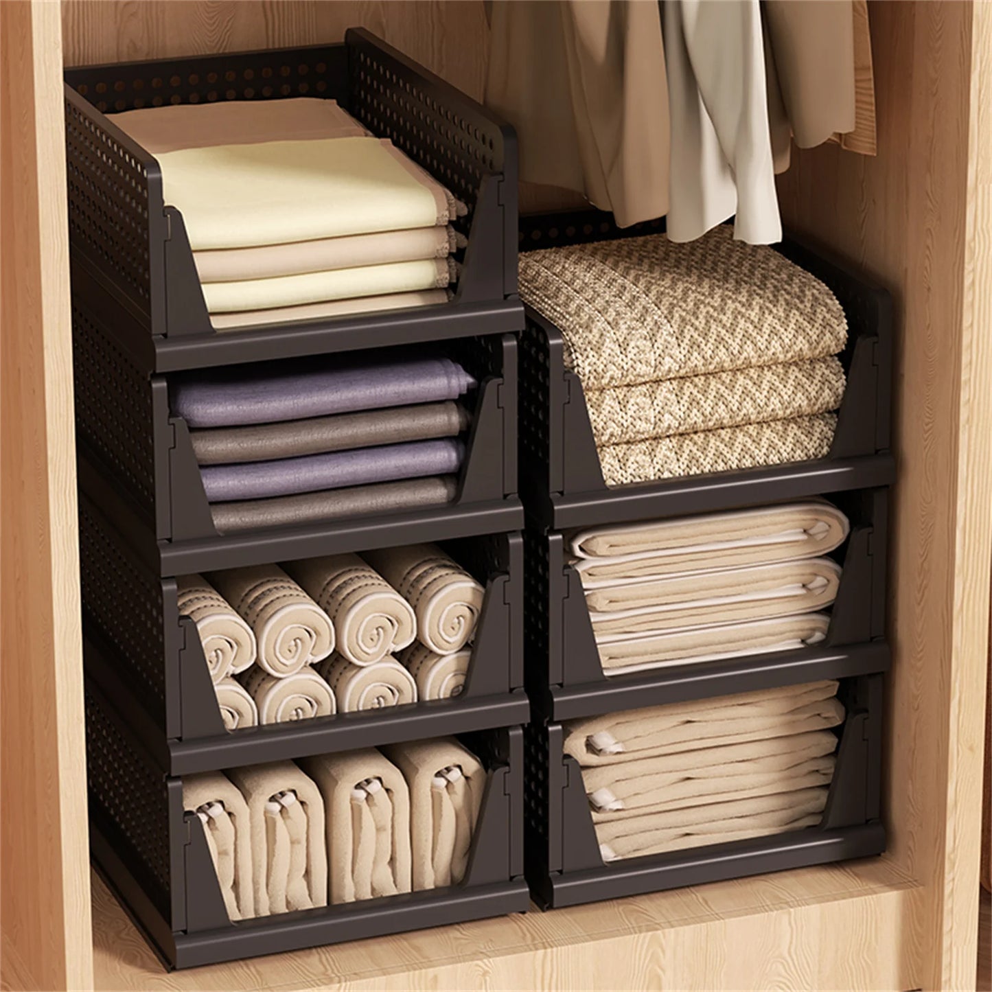 Clothes storage baskets can be stacked with drawer storage baskets, wardrobes, layered partitions, and pull-out folding storage