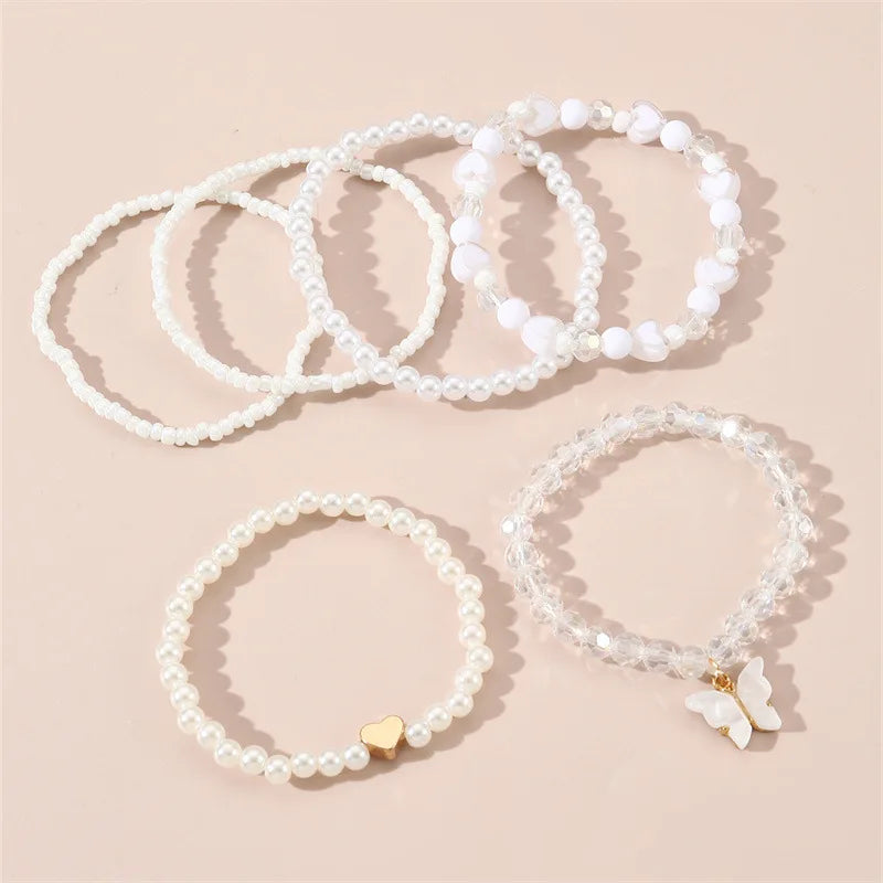 European and American Bracelet Simple Design Sweet Cute Pearl Love Beaded Butterfly Pendant Bracelet 6 Pieces suit