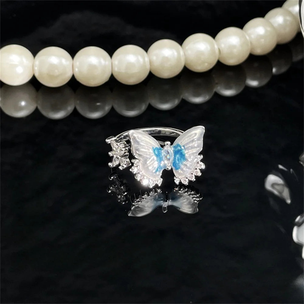 Exquisite Ice Blue Butterfly Open Ring, Fashionable Women's Simple Style Jewelry