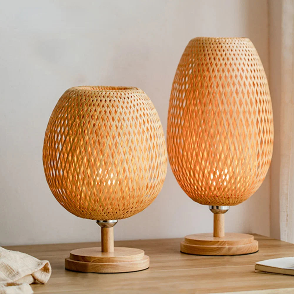 Dimmable Table Lamp, Rattan Bedside Lamp with Small Vintage Nightstand Light for Bedroom Living Room Desk Wooden Wicker Shade