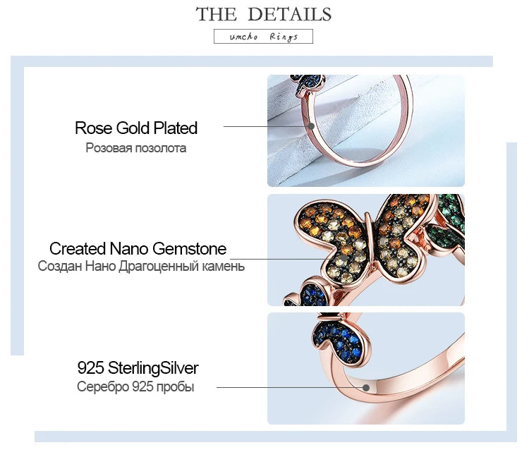 Butterfly Ring Plated Rose Gold 925 Sterling Silver Rings for Women Party Birthday Gift