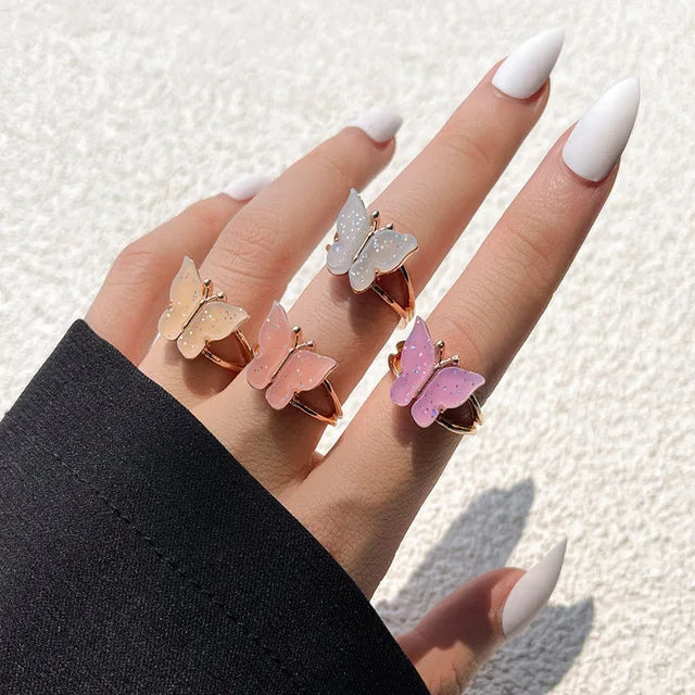 Pink Enamel Butterfly Ring Gold Finished Set For Women Crystal Enamel