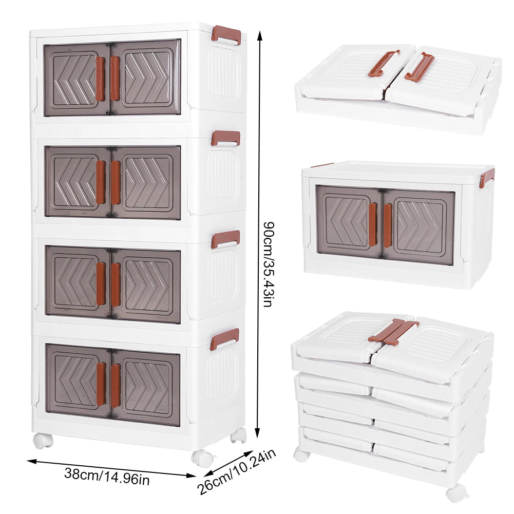 4 Tier Foldable Storage Bin With Doors & Wheels Folding Storage Selves Drawer PP+PET Stackable Organizer Box For Home Office