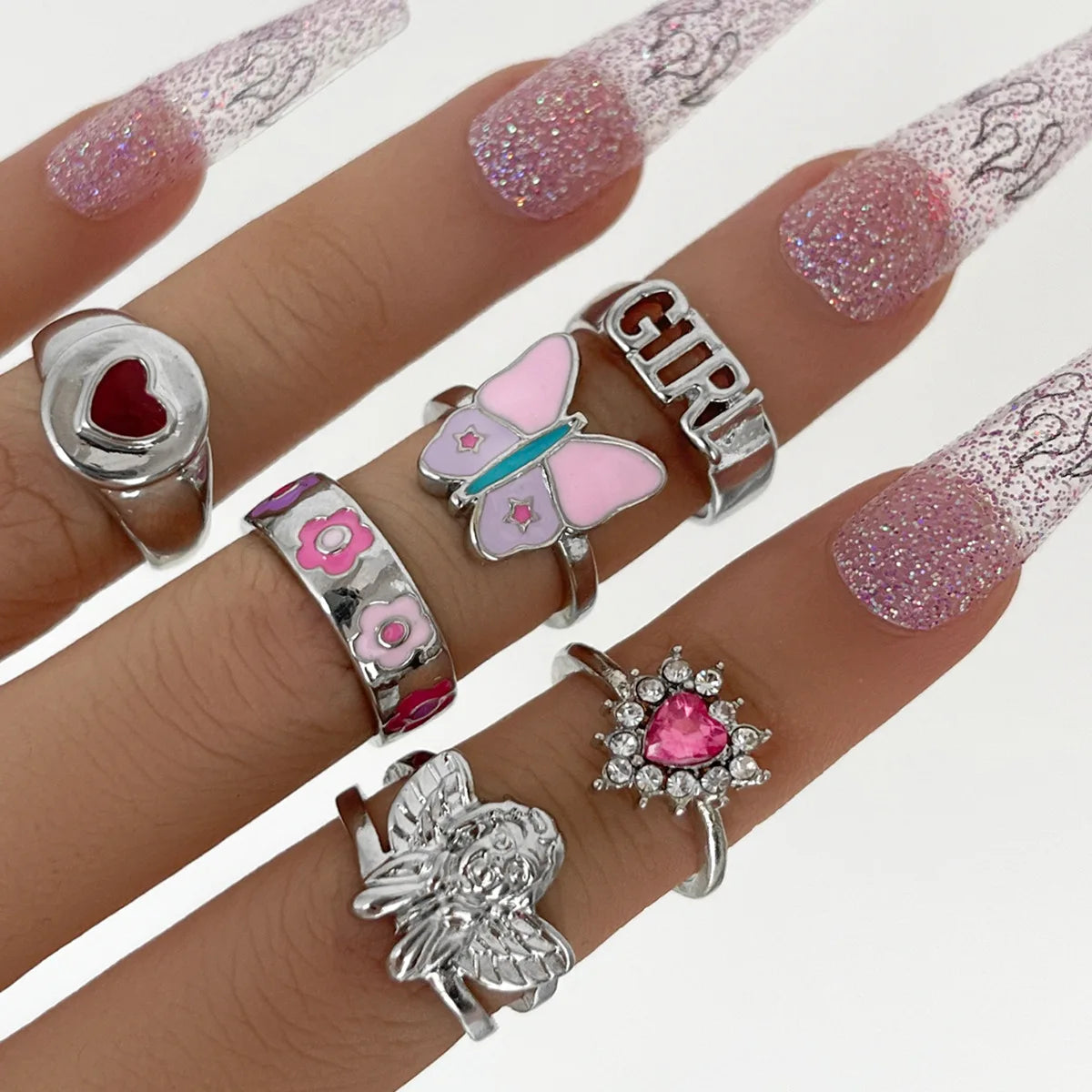 Pink Enamel Butterfly Ring Gold Finished Set For Women Crystal Enamel