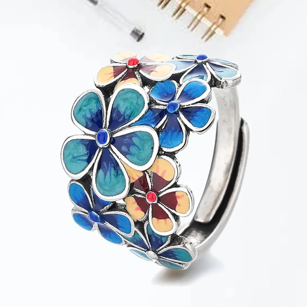 New Cloisonné Enamel Flowery Ring for Women with Atmospheric Retro Ethnic Style Opening Adjustable Creative Index Finger